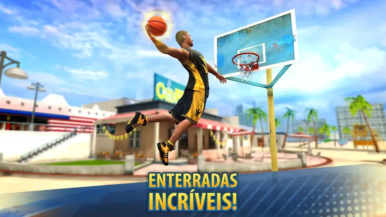 Lançamento na tabela num campo de basquetebol de rua em Basketball Stars.