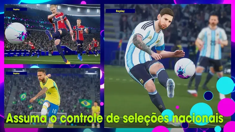 Encontro de eFootball com jogadores de seleções nacionais em disputa de bola.