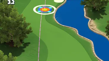 Green de Golf Clash visto de cima, com a mira colocada junto à bandeira.